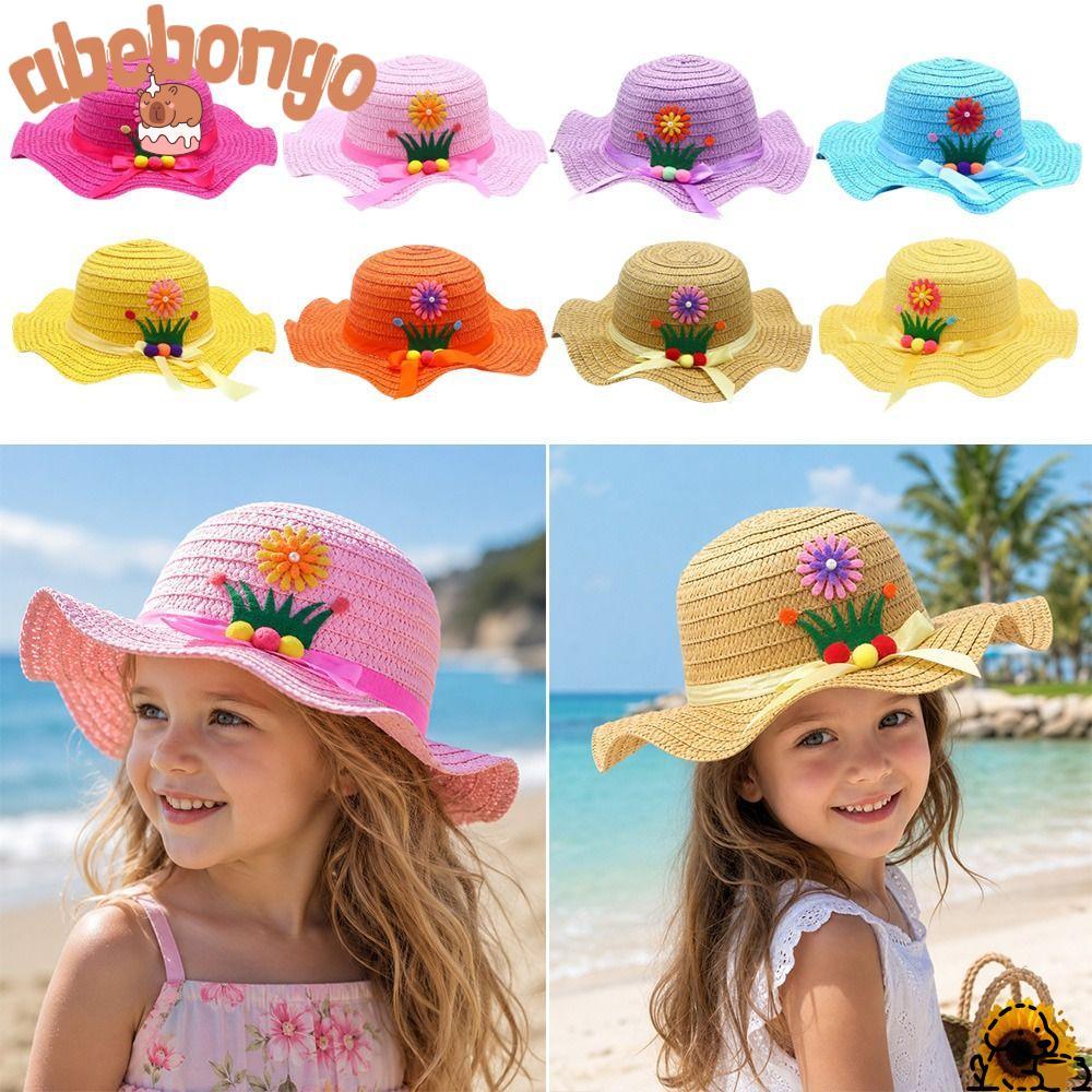 Mũ Rơm ABEBONGONONY, Vành Rộng Mũ Chống Nắng 3-7Year, Ngọt Ngào Handmade Trang Trí Hoa Đi Biển Mũ