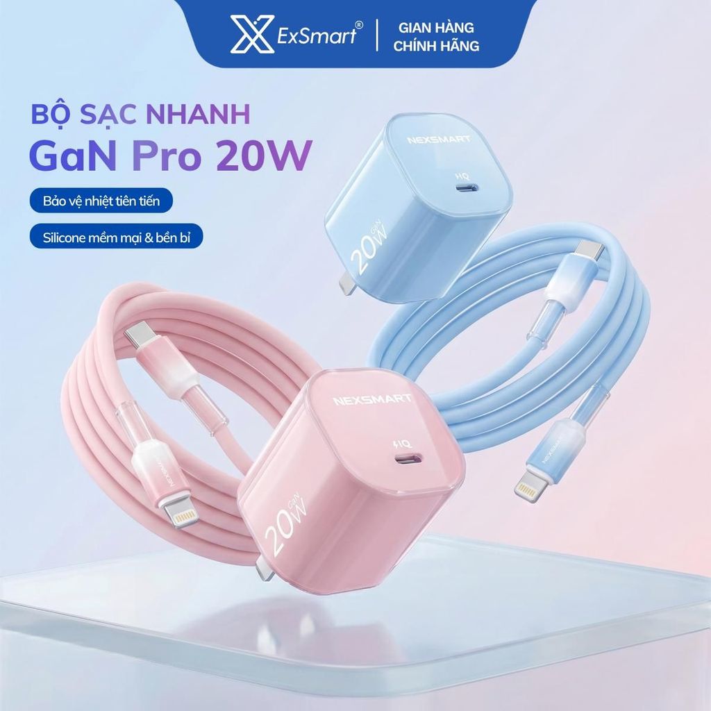 ExSmart Bộ Sạc Nhanh GaN Pro 20W Cáp Silicone Silk Pro Chống Rối Độ Bền Cao Sạc Cực Mát Máy An Toàn 