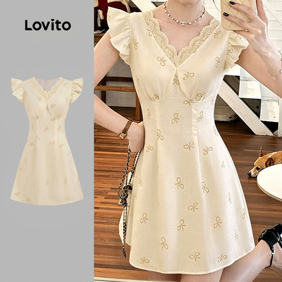 Lovito Đầm dễ thương họa tiết xếp ly chất liệu ren phong cách xuân/hè màu vàng dành cho nữ L191AD012