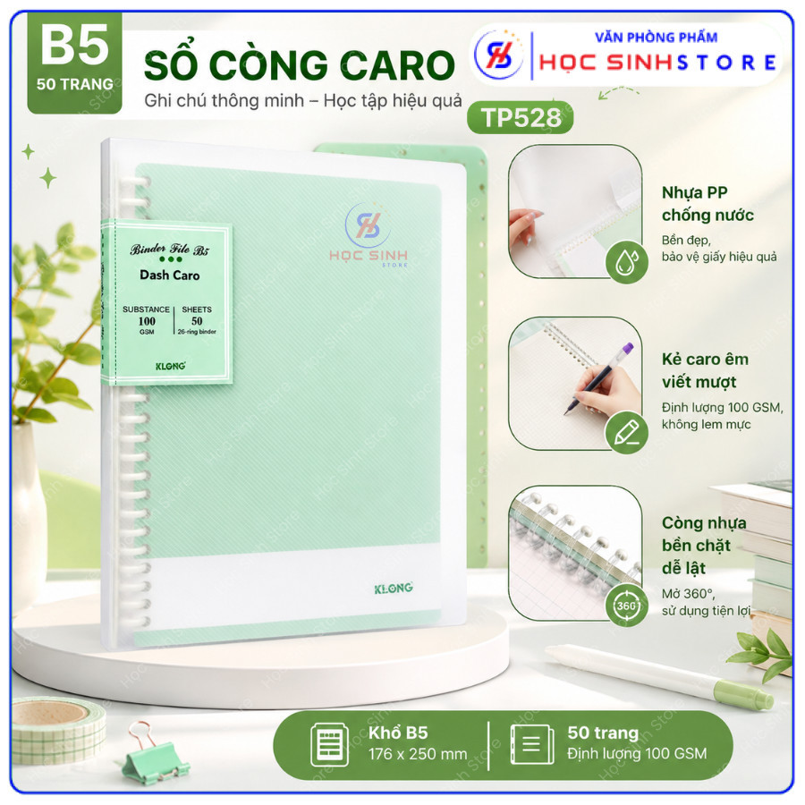 Sổ Còng Nhựa Caro TP528 Khổ B5 Hiệu Klong (50 Trang), 100GSM Dày Dặn, Bìa Nhựa Chống Nước Không Lem 