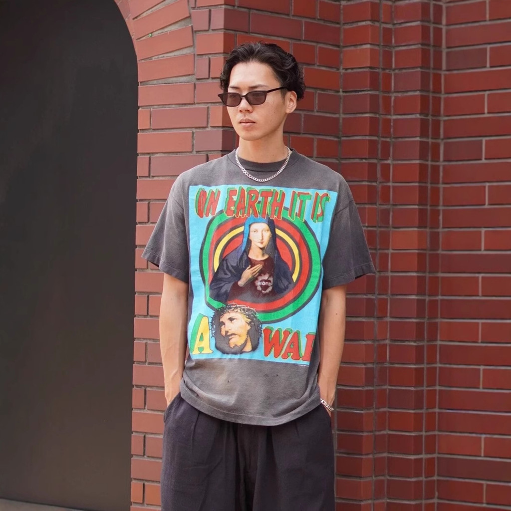 LBNG American Style Saint Michael Virgin Mary and Child Jesus Earth Retro Print Washed Vintage Short