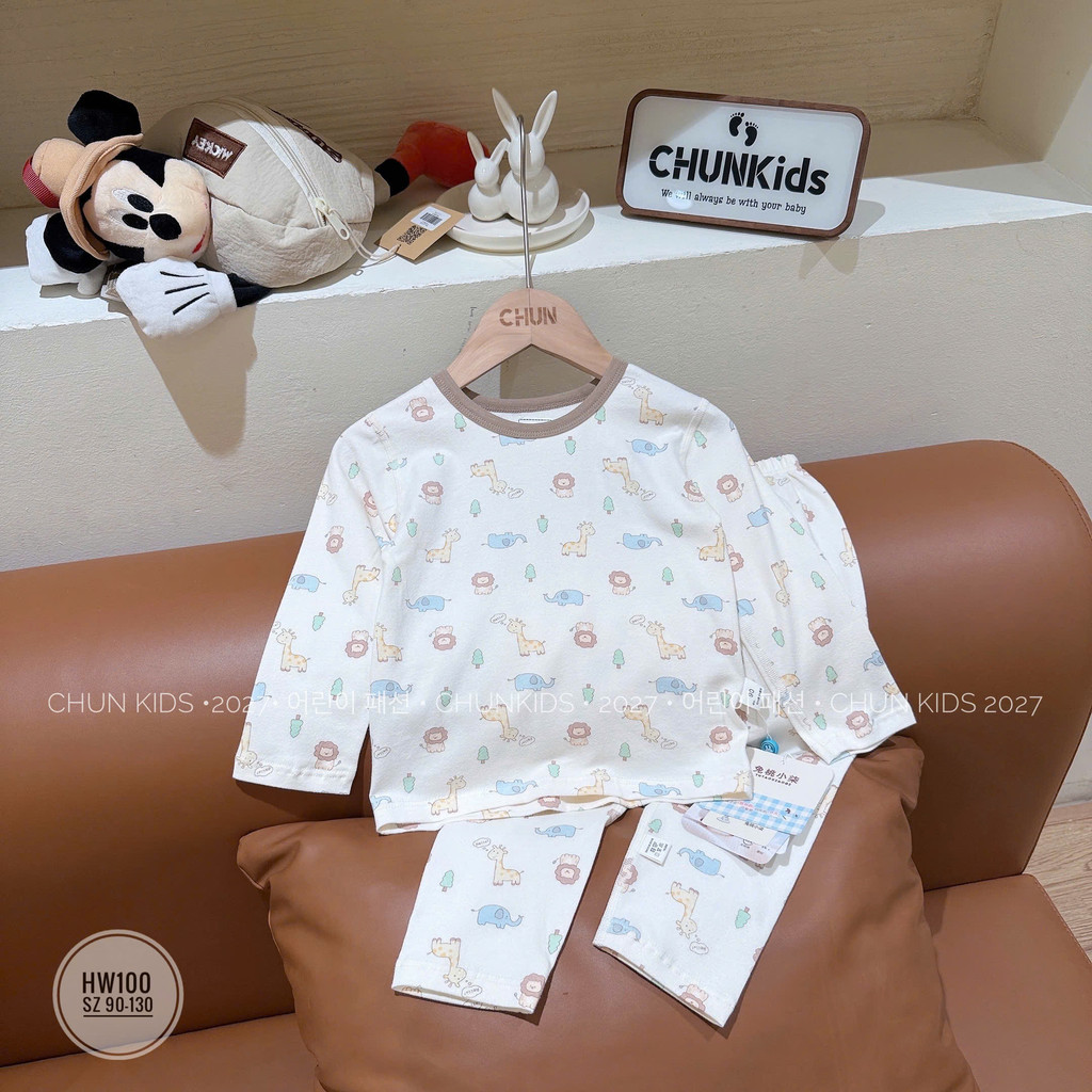 HW100 - Bộ thun dài tay CHO BÉ vườn bách thú voi, sư tử, huơu cao cổ Hello