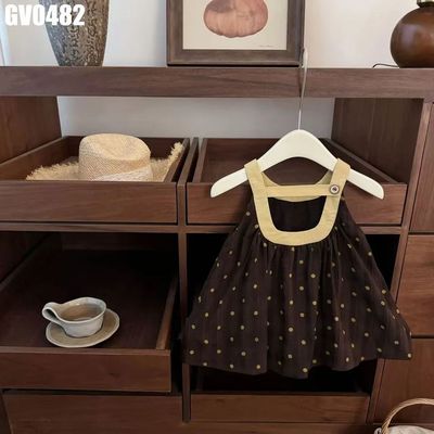 Váy Yếm Bé Gái Dáng Xòe Nâu Chocolate Chấm Bi Vàng Cổ Vuông Dây Vai Cài Nút Mềm MINTSCLOSET GV0482