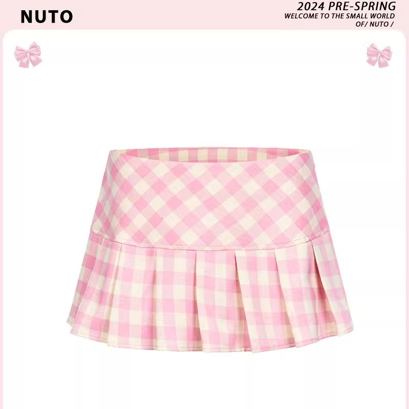 Giảm giá hấp dẫn!FX Miniskirt [Ngày lễ bé gái] American Retro First Love Pink White Kẻ sọc Váy chữ A chống chói Váy xếp ly mùa hè