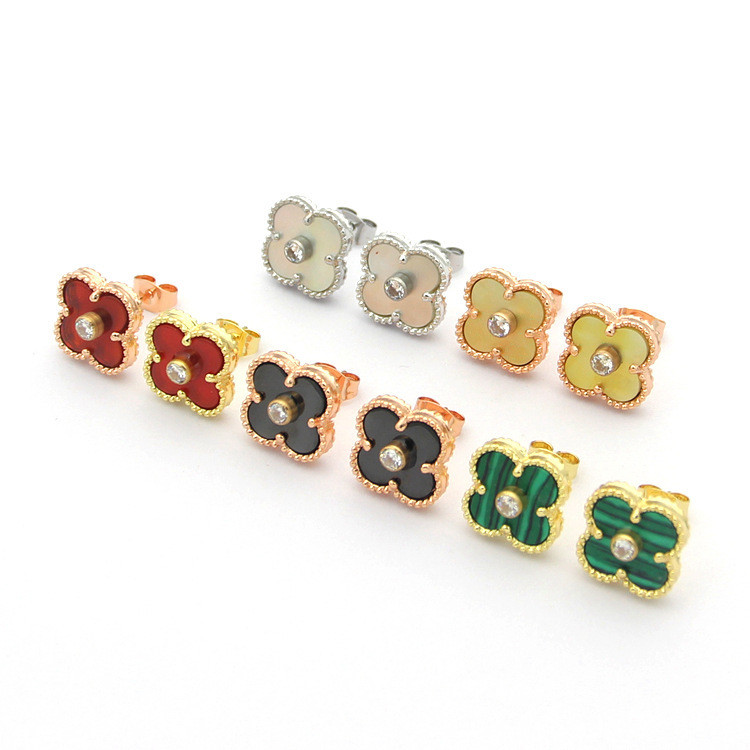 X5QT Women's four-leaf clover earrings with red agate, shell single earring, shell flower four-leaf 