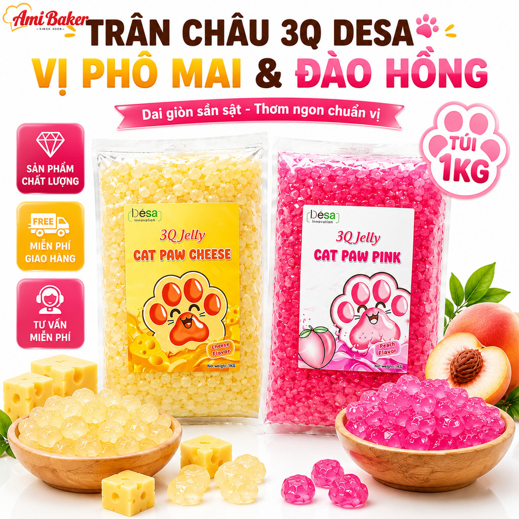 Trân Châu 3Q Desa Vị Phô Mai Và Đào Hồng Túi 1Kg, Topping Giòn Dai Hình Chân Mèo Dễ Thương
