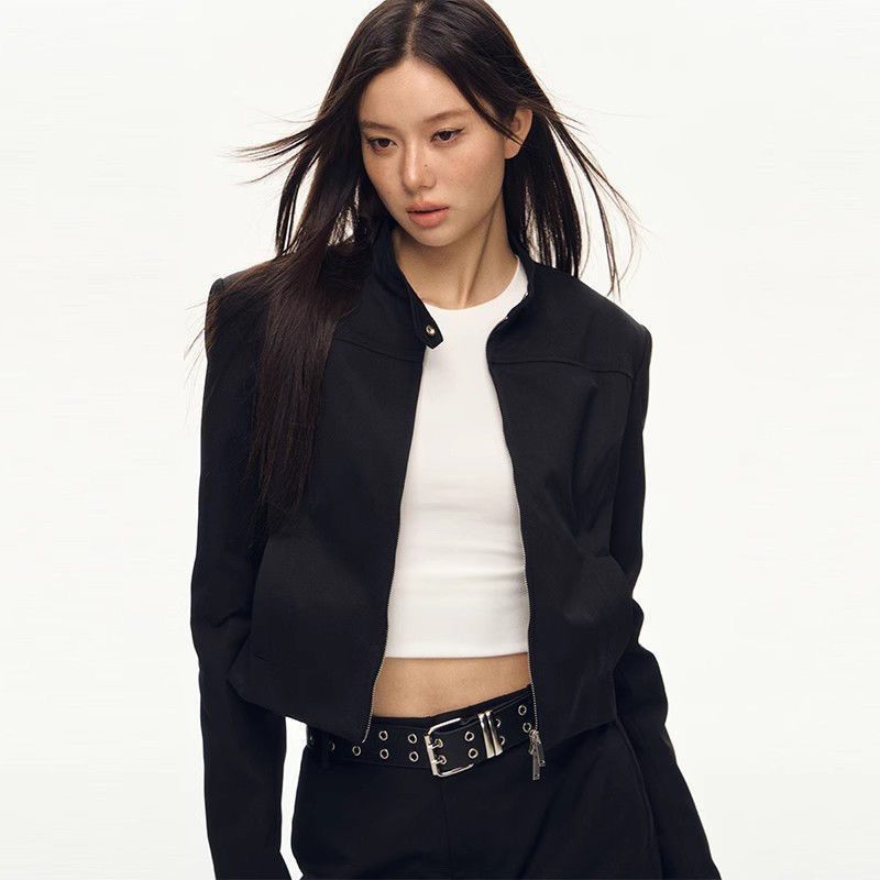 Mỹ Retro Hot Girl Phong Cách Màu Đen Đứng Cổ Áo Khoác Ngắn Nữ Mùa Xuân Slim-fit Áo Khoác Phong Cách 8.14