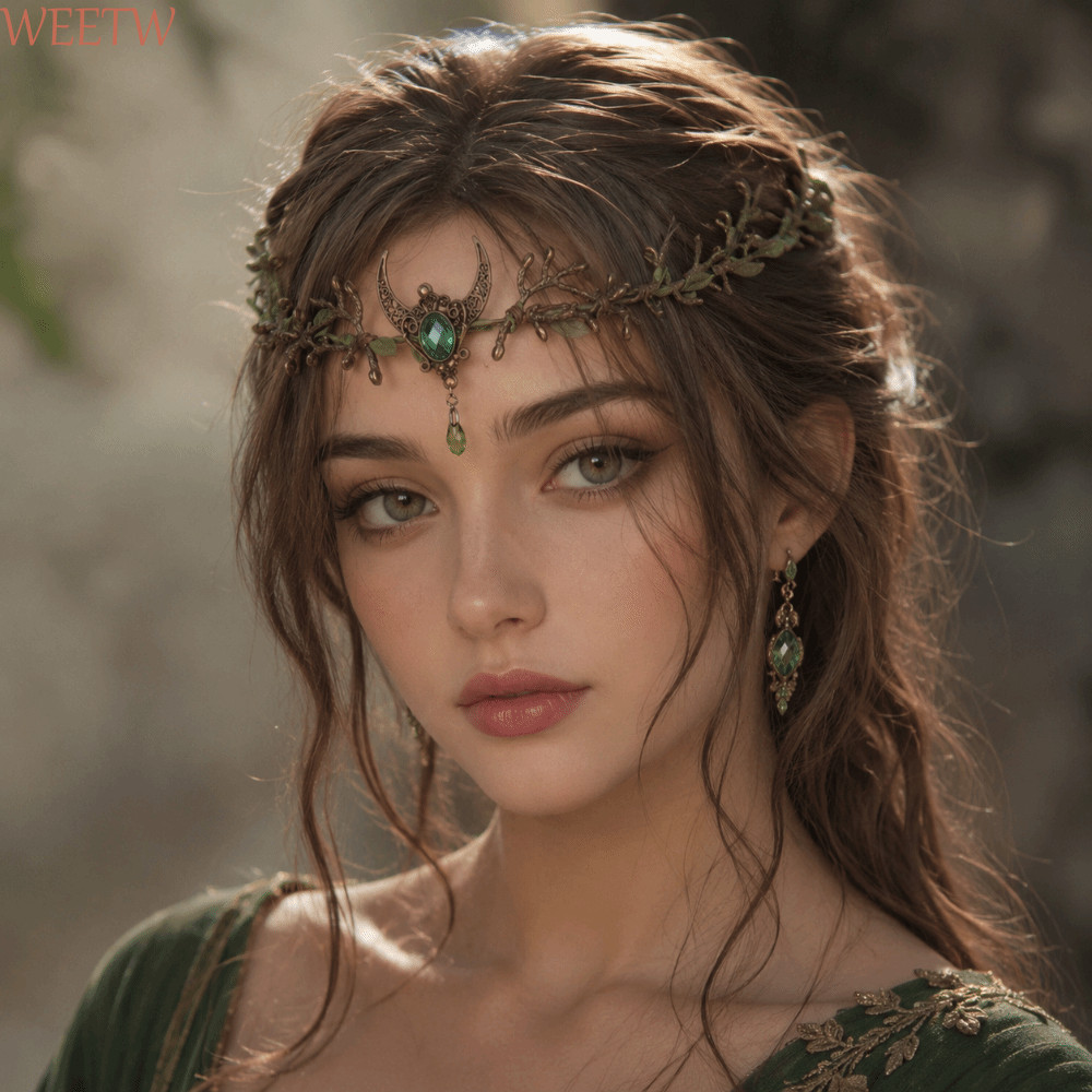 WEETW Flower Elven Crown, Vintage Renaissance Bridal Forehead Chain, Woodland Theme Gemstone Moon Gr