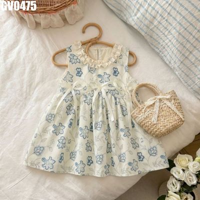 Váy Bé Gái Sát Nách Họa Tiết Hoa Xanh Cổ Bèo Nơ Eo Thanh Lịch Nhẹ Nhàng MINTSCLOSET GV0475