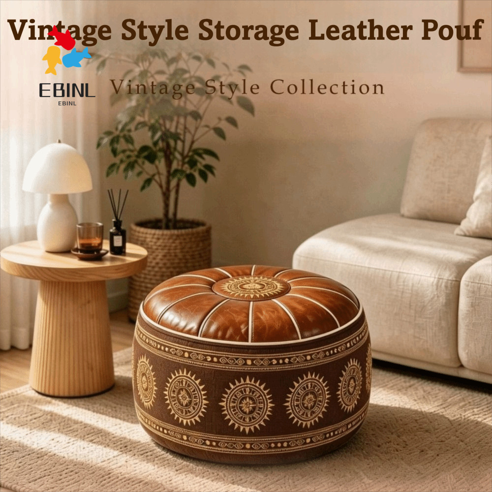 Ghế đẩu Ottoman tròn EBINL, Vỏ bọc ghế chân bằng da PU, Phong cách cổ điển Hình tròn hình học hình c