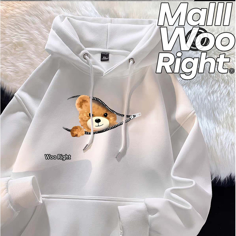 COD Woo Right Áo Hoodie nam hoạt hình Gấu Wright In màu xám nhạt dáng rộng thông thường Unisex