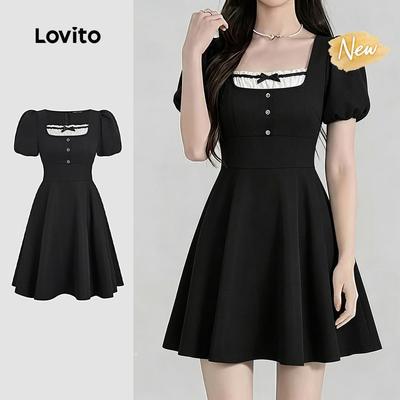 (New Arrival) Lovito Đầm Nữ Đen Trắng Thanh Lịch Thiết Kế Nơ Xếp Ly Phối Màu Phù Hợp Mùa Xuân Hè L200AD045