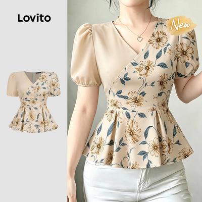 (New Arrival) Lovito Áo Blouse thanh lịch chất liệu vải cao cấp thiết kế giả 2 trong 1 thoải mái và phong cách mùa Xuân/Hè màu kaki dành cho nữ L199ED019