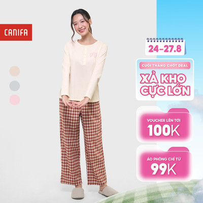 Bộ quần áo nữ dài tay quần dài họa tiết kẻ có hình in CANIFA 6LS25W003