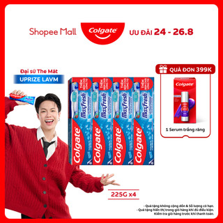 Bộ 4 Kem đánh răng Colgate Maxfresh bạc hà the mát 225g/tuýp tặng bàn chải đánh răng lông mềm