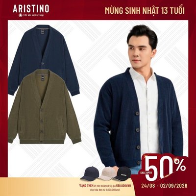 Áo khoác len cardigan nam Aristino Regular Fit thiết kế tinh tế với logo thêu nổi bật AJK005BS0