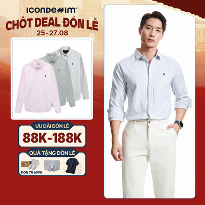 Áo sơ mi nam oxford tay dài ICONDENIM, họa tiết sọc palewave logo thêu tạo điểm nhấn, form slimfit tôn dáng SMID0145