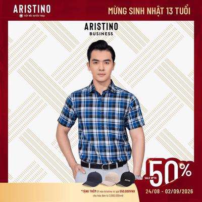 Áo Sơ Mi Nam Kẻ Tay Ngắn Tà Bằng Aristino Business Fiero 100% Cotton 1SS018AS3