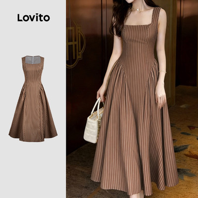 Đầm Lovito phong cách thường ngày xếp nếp mùa xuân/hè màu nâu cho nữ LBL35103