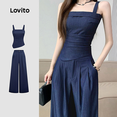 Lovito thanh lịch Áo/quần phong cách xếp ly mùa xuân/hè màu xanh dương đậm cho nữ L166AD1002