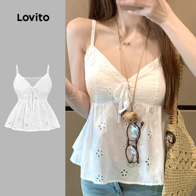 (Kỳ nghỉ) Lovito Áo sơ mi nữ cổ tròn có dây buộc thêu mắt xích mùa xuân/hè màu trắng L143ED079