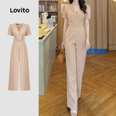 Jumpsuit Lovito thanh lịch thắt eo phong cách mùa xuân/hè màu kaki cho nữ L149ED107