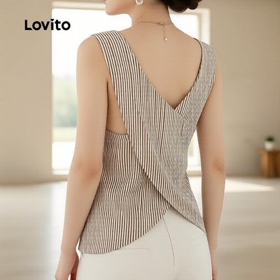 Lovito thanh lịch Áo nữ mùa xuân hè không tay cổ lửng màu nâu L157ED433