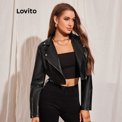 (Trendy) Lovito Áo khoác thông thường Dây kéo trơn bằng da PU Ve áo cổ Moto Áo khoác nữ L45LD008 (Đen)