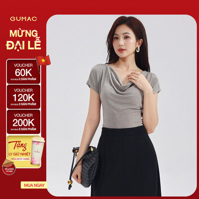 Áo Thun Cổ Đổ GUMAC Áo Thun Kiểu Sang Trọng Áo Đi Tiệc Thun Ánh Nhung Tôn Dáng ATE01031