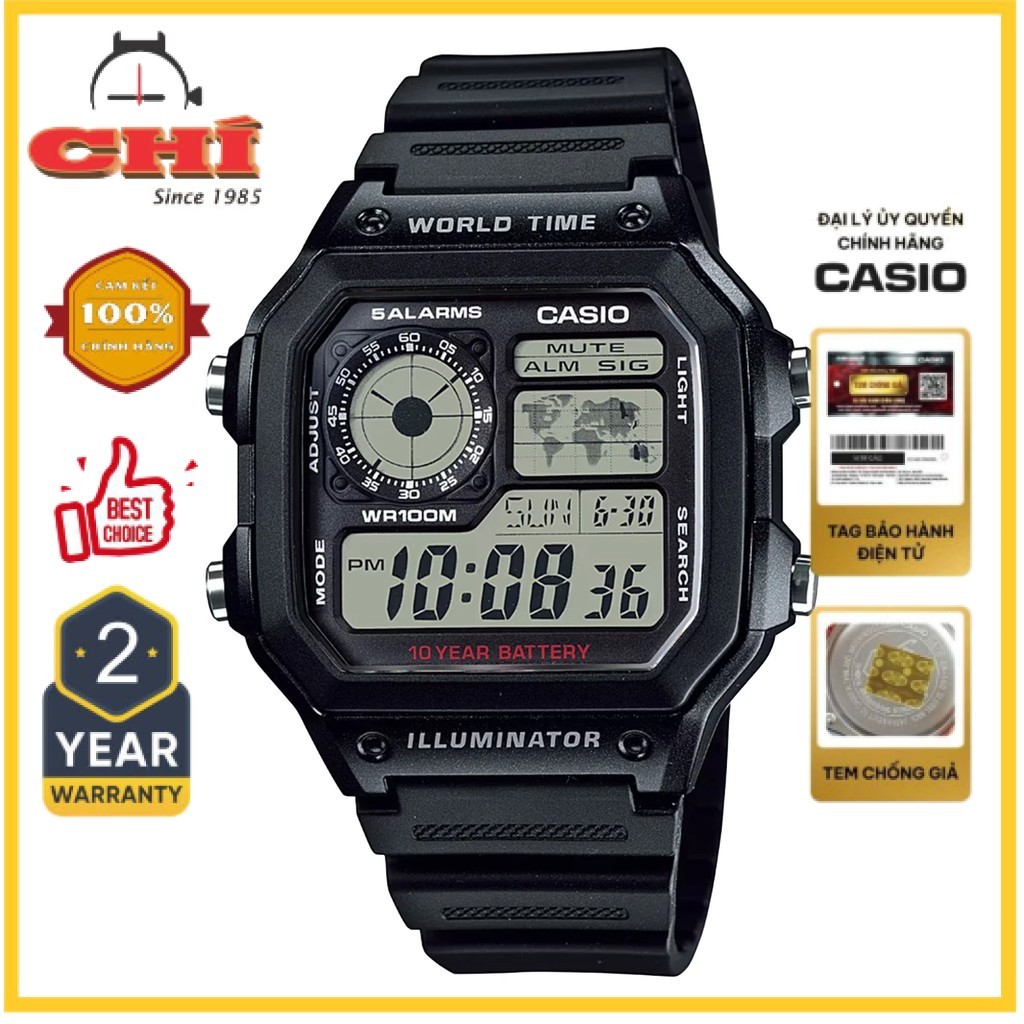 Đồng hồ Casio Nam AE-1200WH-1AVDF Điện Tử Giờ Thế Giới Dây Nhựa Nhẹ - Chính Hãng, Bảo Hành tại Thủ Đ