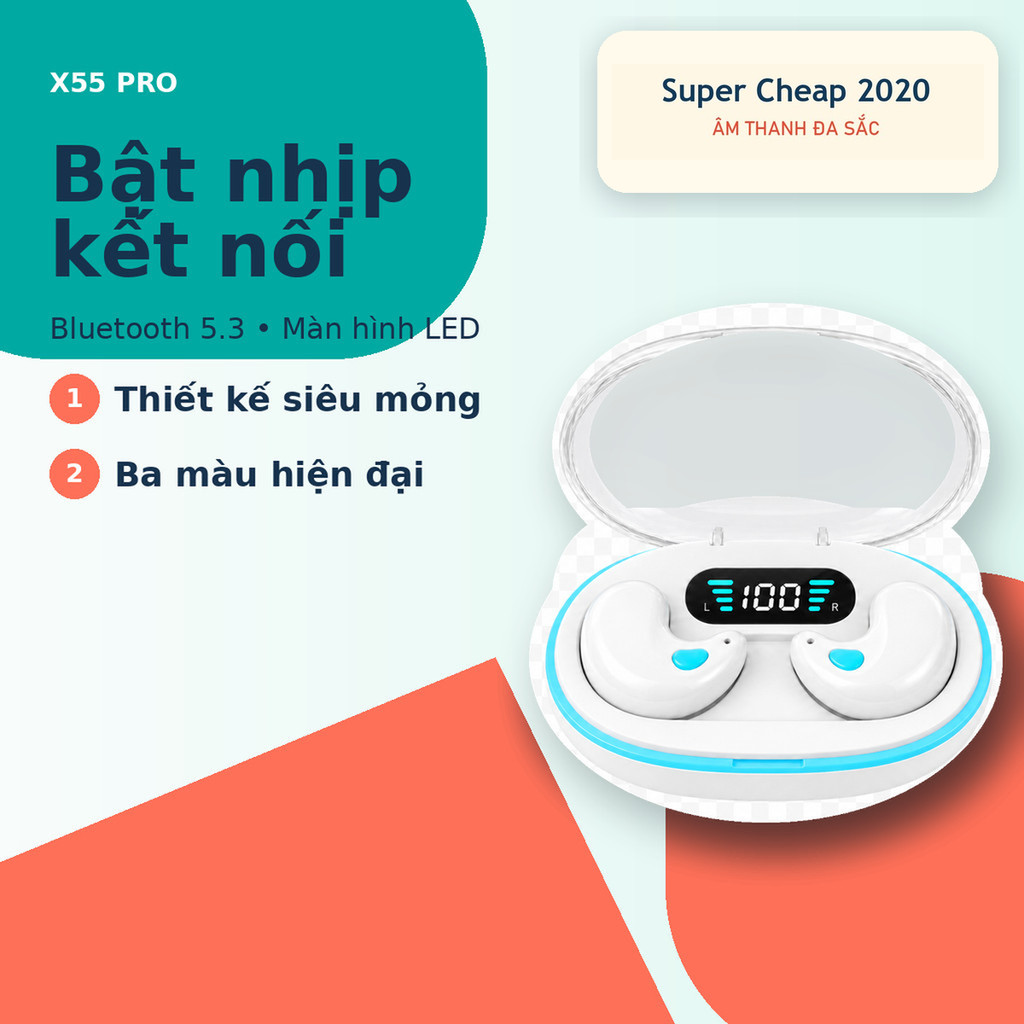 Tai Nghe Bluetooth 5.3 Không Dây X55 TWS HQAi Chống Ồn, Dành Cho Ngủ, Thể Thao