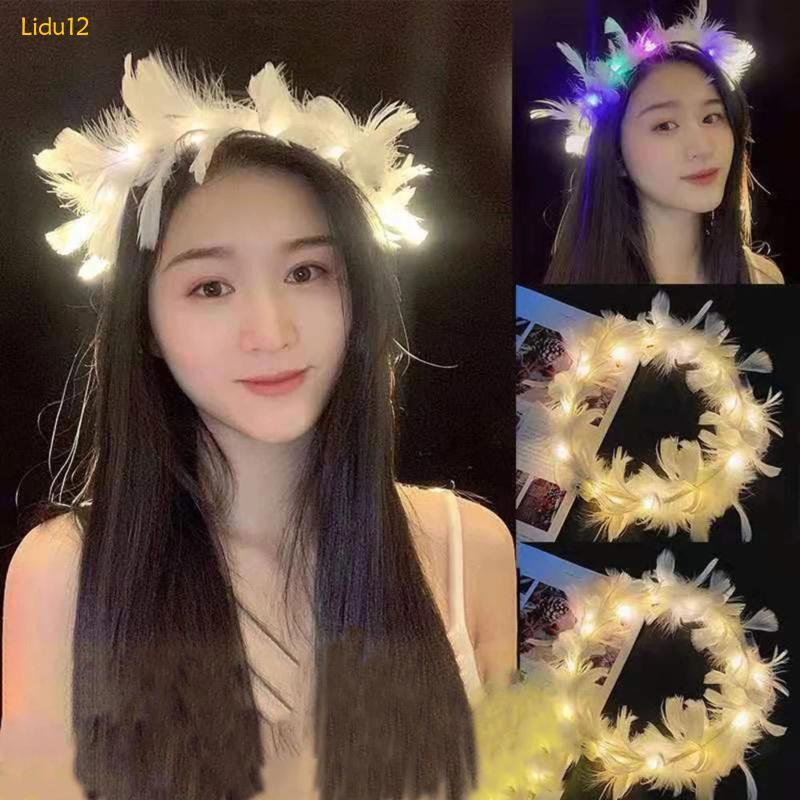 Lidu12 Feather Tiara LED Feather Crown Light Up Angel Halo Headband Dạ quang Mũ đội đầu