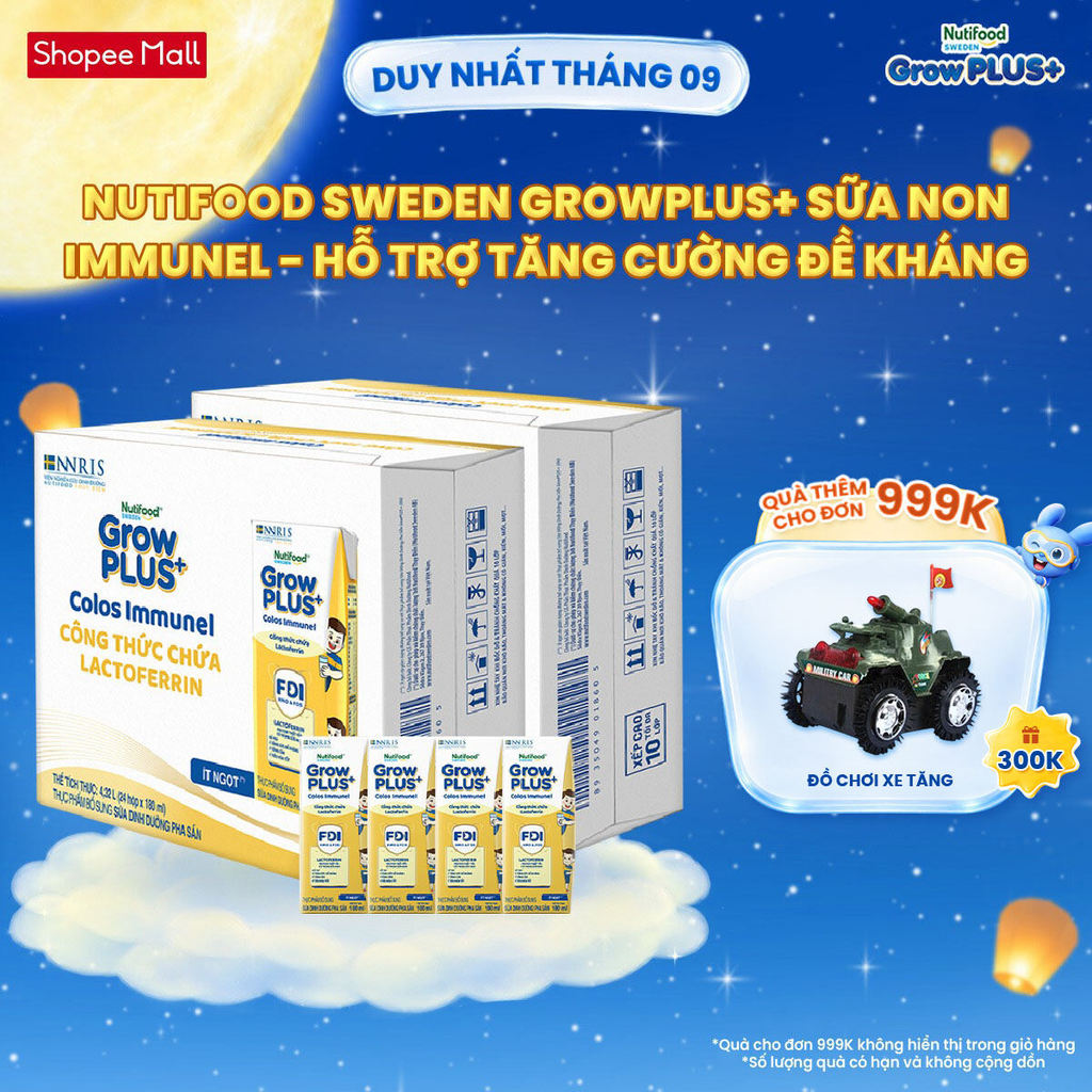 Combo 2 Thùng 24 hộp Sữa Bột Pha Sẵn Nutifood Sweden GrowPLUS+ Sữa Non Immunel hộp 180 ml (Bao bì tu