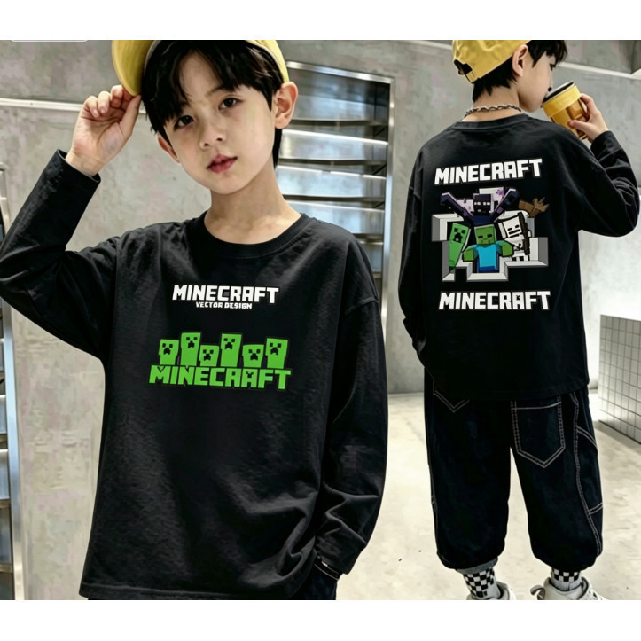 Mùa Thu 2026 Phong Cách Mới Bé Trai Mỏng Dài Tay Cotton Top Minecraft Minecraft Bé Trai Áo Thun Dài Tay Pixel Game Phía Trước Và Sau In Hình Trẻ Em Áo Bé Trai Cotton Nguyên Chất Đáy