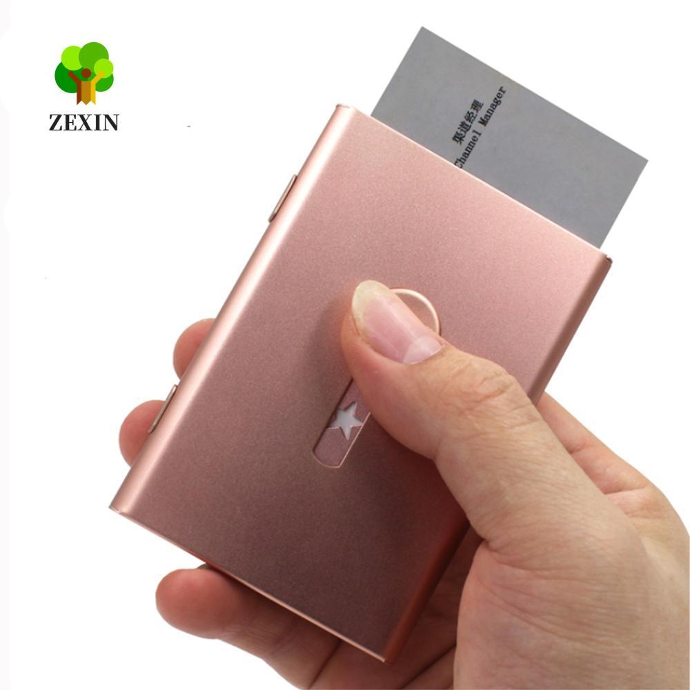 ZEXIN Thumb Slide Out Business Name Card Holder Metal Women Light Aluminium Scrub Star ID Card Case