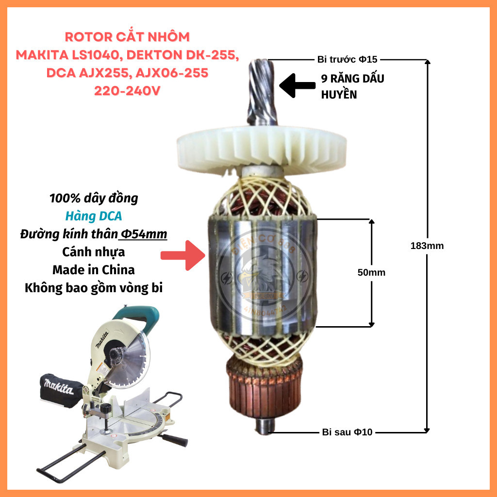 Rotor cắt nhôm MAKITA LS1040, LH1040, DEKTON DK-255, DCA AJX255, AJX06-255 Cánh nhựa 220V - Tặng chổ