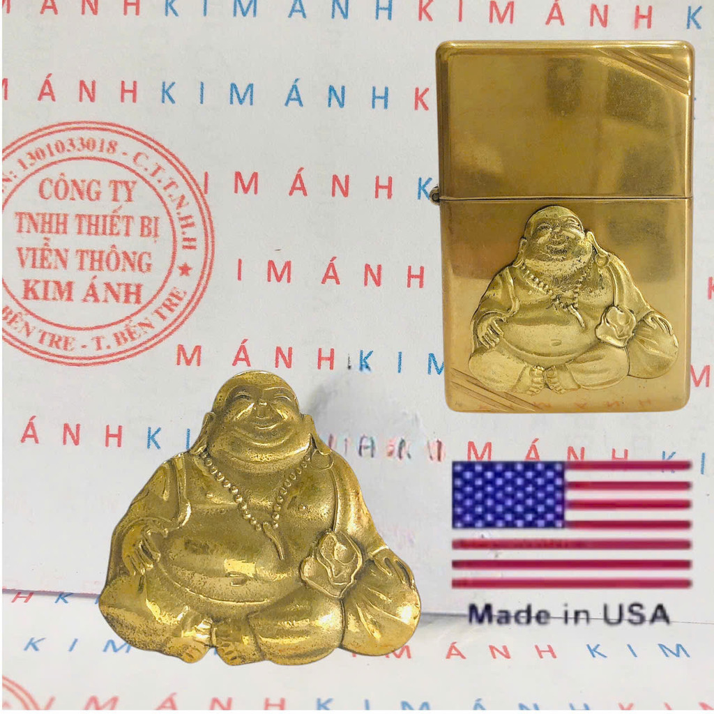 Tấm dán Eblem trang trí Zippo chủ đề Phật Di Lặc, chất liệu đồng thau Solid Brass, hàng chuẩn zin Mỹ