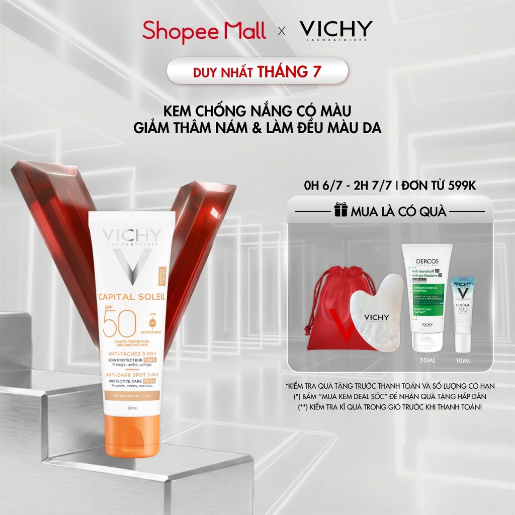 Kem chống nắng giảm thâm nám SPF50 Vichy Capital Soleil UVB+UVA Anti DarkSpot 3in1 50ml