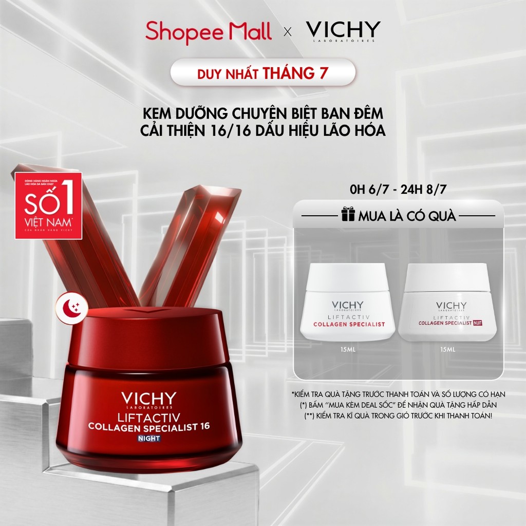 Kem dưỡng đêm Vichy Collagen 16 giúp trẻ hóa da, ngăn ngừa và giảm nếp nhăn, làm sáng da, giúp da căng đầy 50ml
