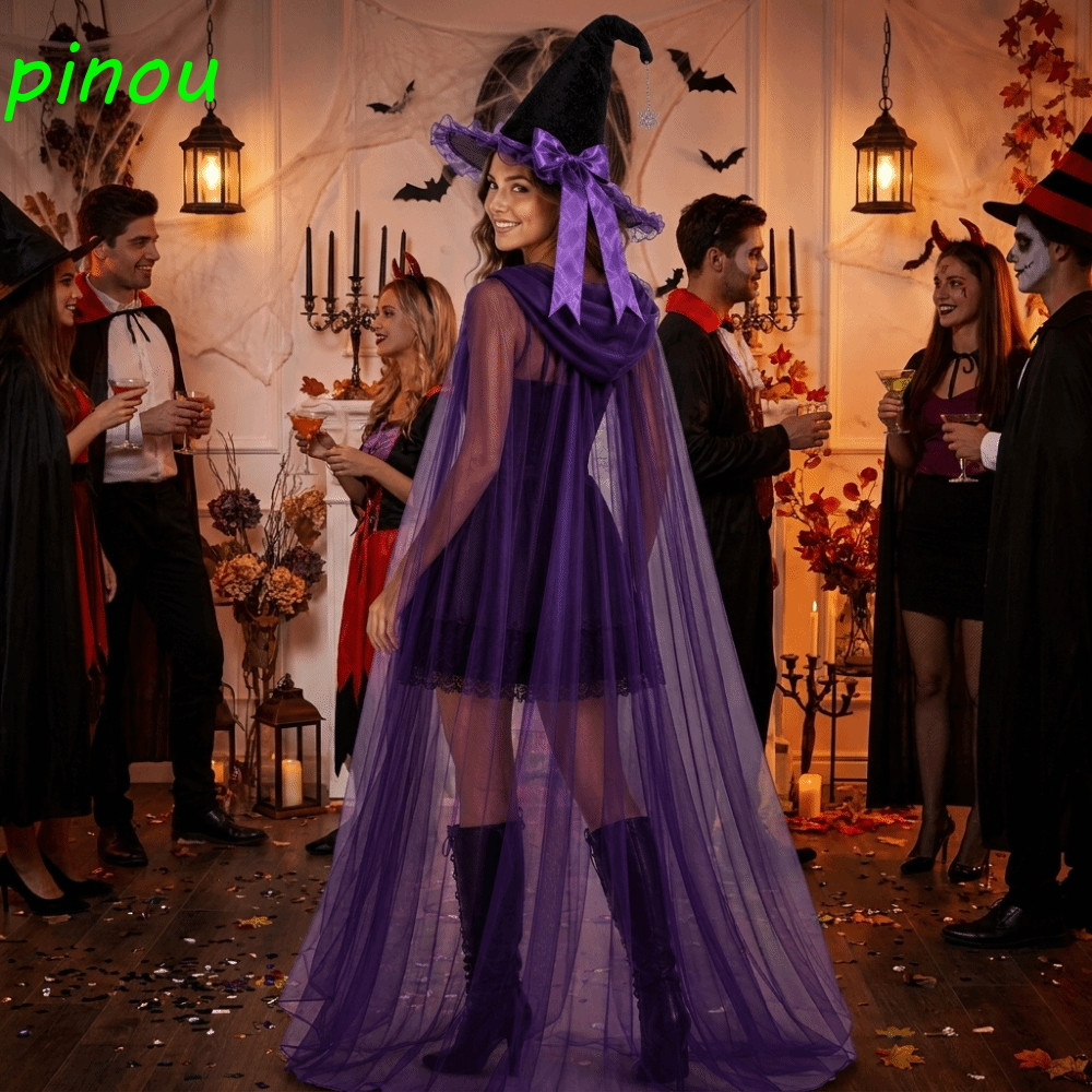 DÀIQIYING Halloween Mũ Phù Thủy Bộ Áo Khoác, Nhập Vai Có Mũ Lưới Mũ Phù Thủy Có Mũ Trùm Đầu Áo Khoác