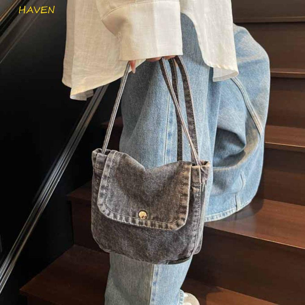 Túi vải Denim HAVEN, Túi mua sắm Y2K Túi xách cổ điển, Túi đeo chéo rắn màu trơn thời trang dành cho