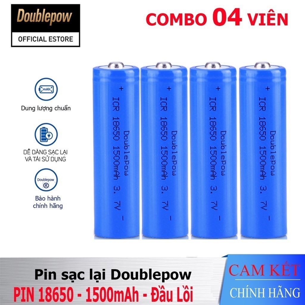 [Hộp 02 viên] Pin sạc Lithium 18650 - 1500mAh đầu lồi Doublepow, pin dung lượng thực