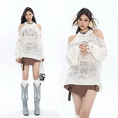Mùa Xuân 2025 Dây Cổ Không Dây Rỗng Dệt Kim Áo Trắng Tất Cả Trận Đấu Áo Chui Đầu Pure Desire Gió Chố