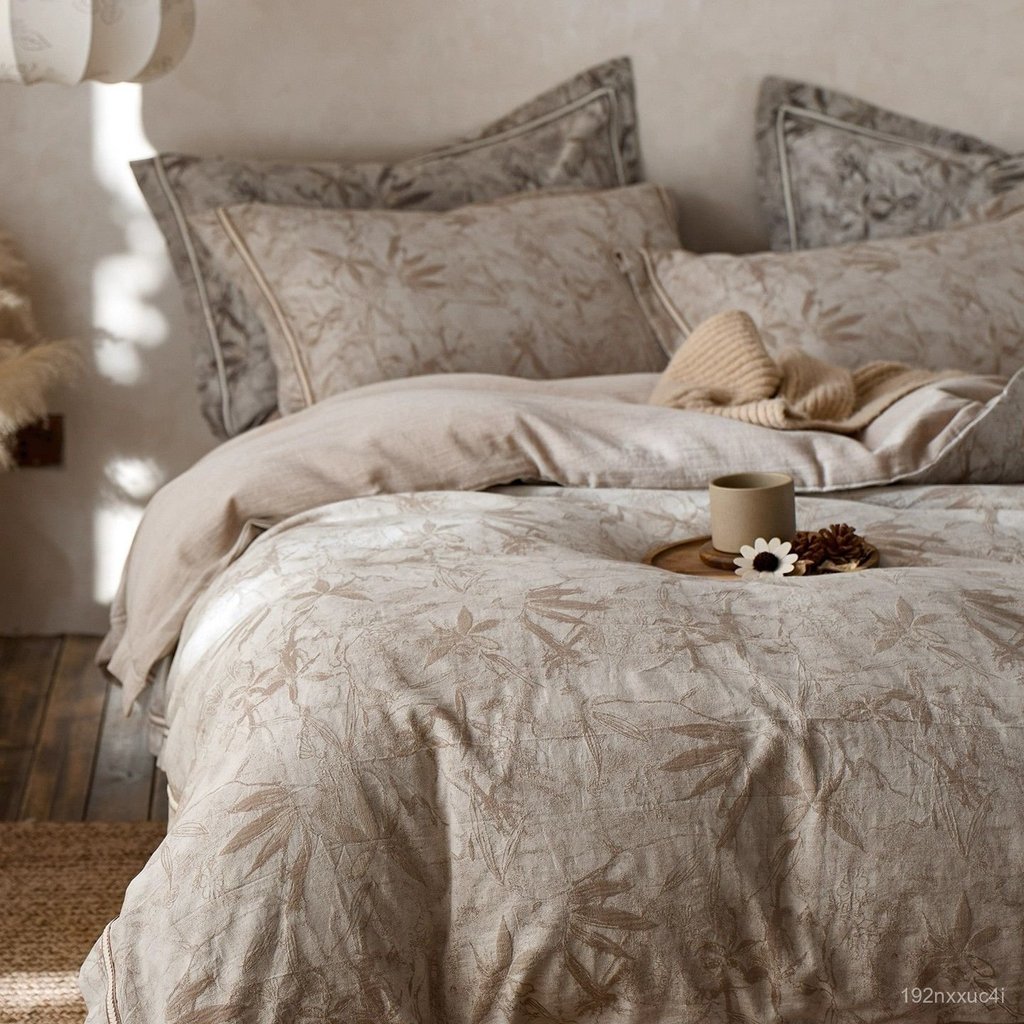 Bộ chăn ga gối bốn món phong cách cổ điển Pháp, chất liệu cotton-linen, có vỏ chăn ren linen, ga trả