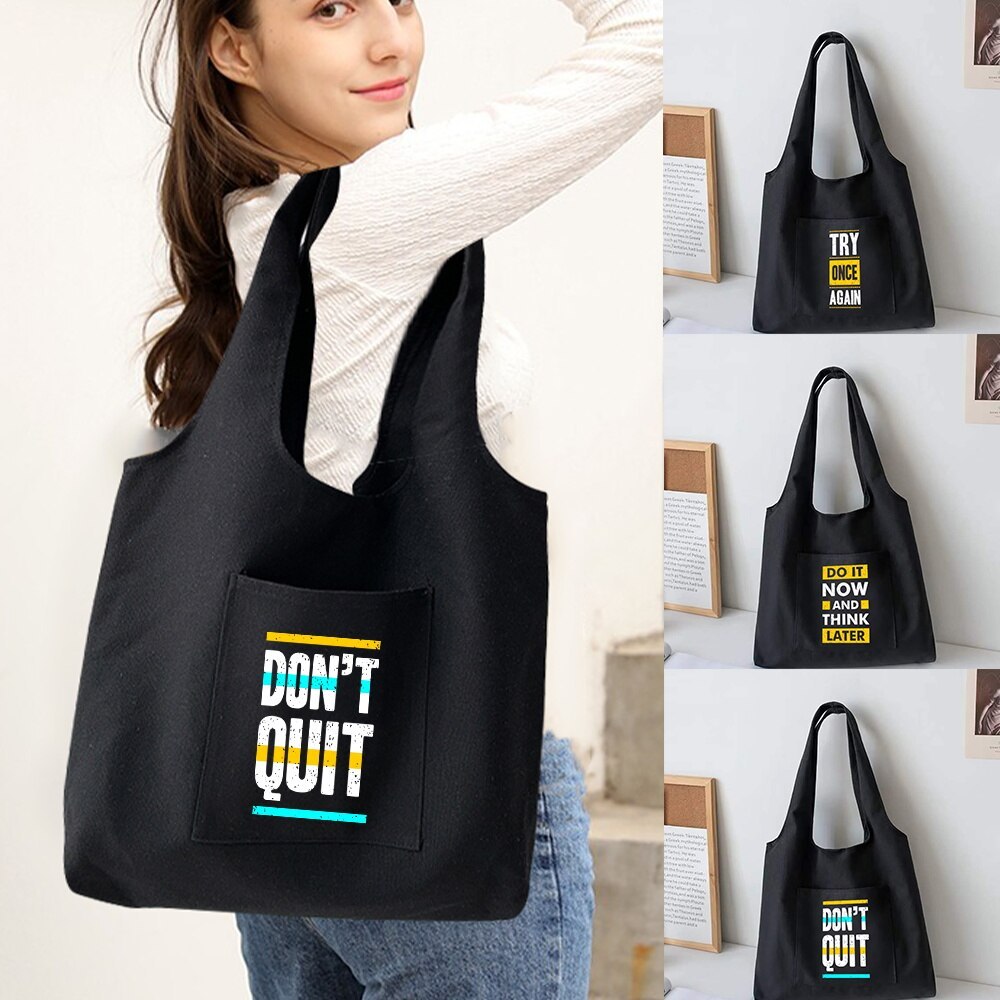 Women  Bag Canvas Tote Bag New Phrase Printed  Reusable Shopping Bag Casual Supermarket Handbags