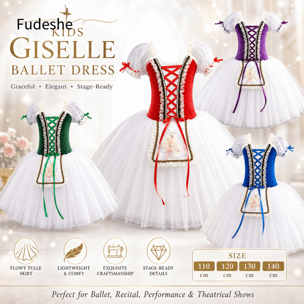 FUDESHE Ballet Dance Leotard, Cross Ribbon Velvet Kids Giselle Ballet Tutu Dress, Tay phồng chuyên n