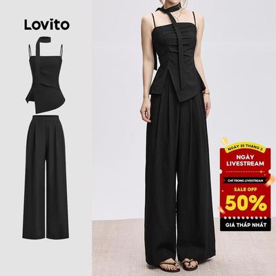 (Phong cách thường ngày) Lovito Bộ quần áo quần dài thắt nơ Xuân/Hè Quần đen cho nữ L142LD229