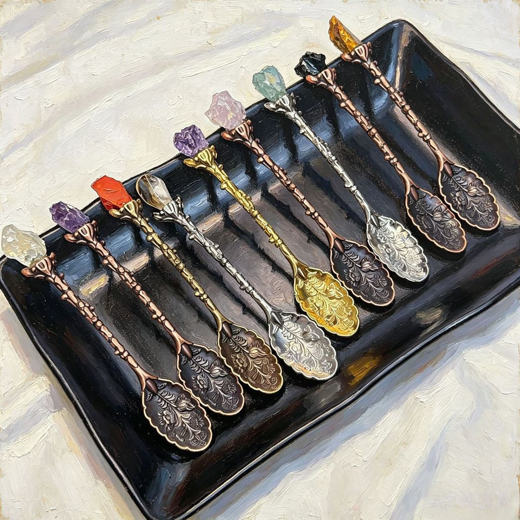 Vintage Metal Crystal Spoon Accessories12y New ice cream stone carving product, original leaf-shaped