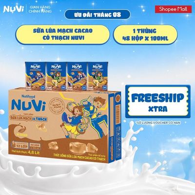 Thùng 48 Hộp Thức Uống Sữa Lúa Mạch Cacao Có Thạch NuVi 100ml
