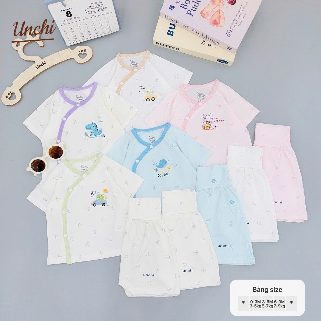 Bộ Quần Áo Cộc Tay Sơ Sinh Cạp Cao Unchi Vải Petit Viền Màu Mềm Mại Cho Bé 3-9kg Babico